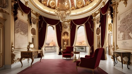 interior of church,A luxurious and opulent interior scene set in Rome, featuring a lavishly decorated room with ornate gold accents, intricate moldings, and rich, velvety drapes in a deep burgundy hue