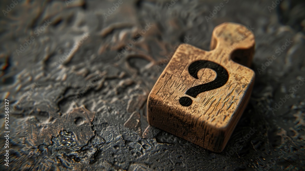 Poster a simple wooden block with a question mark carved onto it, great for educational or curiosity-themed