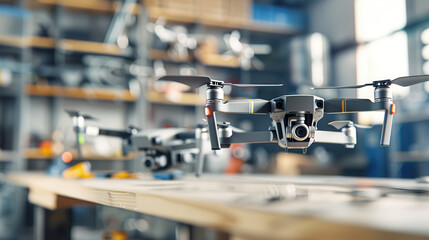 A close-up view of modern drones in a workshop, showcasing advanced technology and design for aerial photography and exploration.