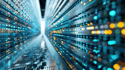 A futuristic view of data servers with glowing connections, representing technology, innovation, and advanced data processing.