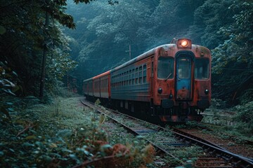 Obraz premium A train travels through a dense and vibrant green forest, surrounded by trees and foliage