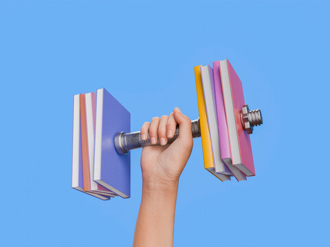 Hand Lifting Dumbbell Made of Books Against Blue Background