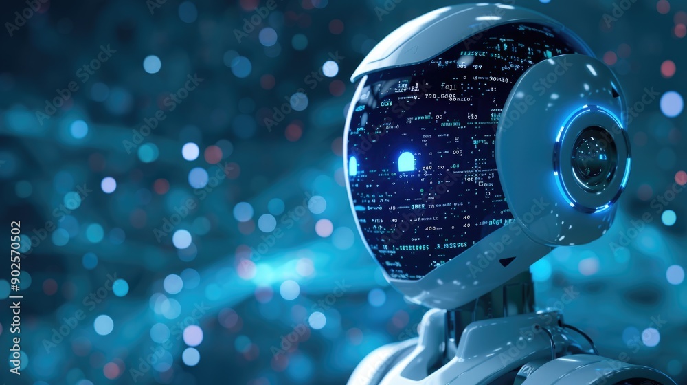 Poster A close-up view of a robot's head with bright lights shining in the background