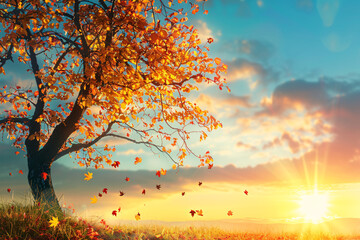 autumn tree over sunset sky background