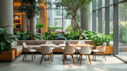 Obraz premium Modern indoor restaurant with stylish furniture and lush greenery, creating a relaxing and inviting atmosphere for guests.