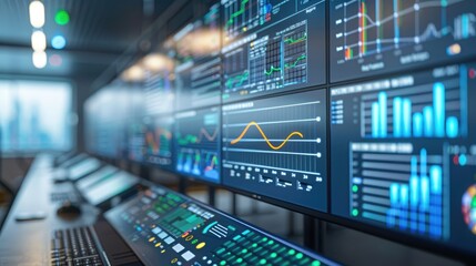 Modern trading floor with multiple computer screens displaying financial data, stock market trends, and analytics in a high-tech office.