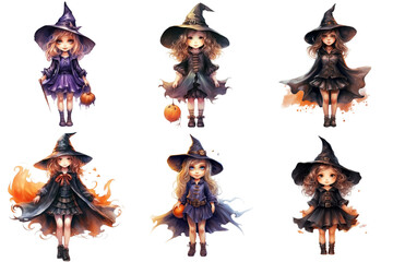 Six Adorable Witches in Various Poses with Halloween Accents