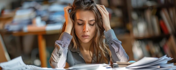 A stressed woman surrounded by papers, struggling to manage overwhelming tasks, conveying emotions of anxiety and pressure.