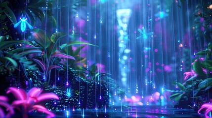 A vibrant, magical forest scene with cascading water and glowing flora, creating a dreamlike atmosphere of tranquility.