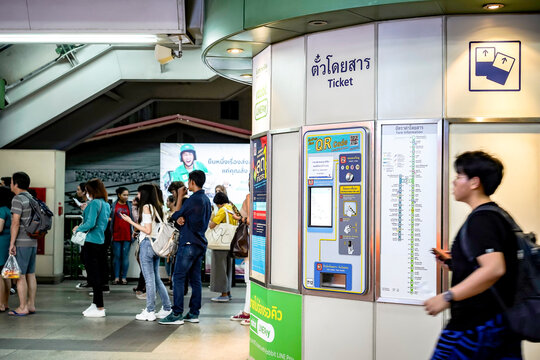 Bangkok, Thailand - 20 July 2019, Thai people passenger stand in line queue and wait for buy BTS sky train ticket at ThongLor station, Bangkok, Thailand.