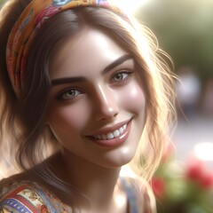 Fototapeta premium a woman with long brown hair smiling and wearing a gray tank top.