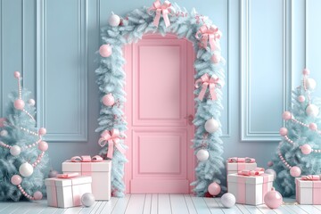 Backdrop digital photography, Christmas door, pink and blue themed entrance. Tree and gifts. Rococo colors.