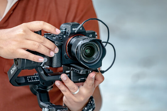 Bangkok, Thailand - 19 Aug, 2018: Famous Camera; Sony "A7iii" or "Alpha 7 mark 3" and lens Sony FE 28mm f2.0 on the gimbal, "Ronin S" are already launch in the Asia, Bangkok, Thailand.