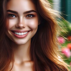 Fototapeta premium a woman with long brown hair smiling and wearing a gray tank top.