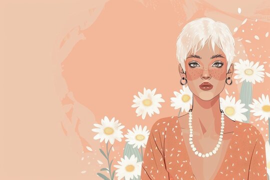 Chinese minimalism illustration, portrait of a European woman with short platinum blonde hair styled in a textured pixie cut with a beaded headband, wearing a boho blouse, flat illustration , boho 