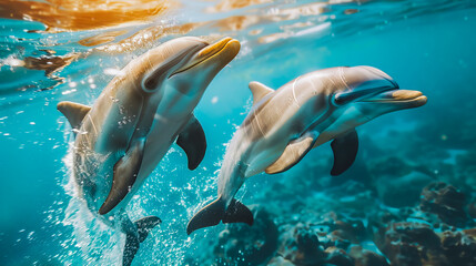 Obraz premium Dolphin Jumps Amidst Aquatic Life