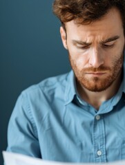 Obraz premium Man looking confused and surprised while reading a document.