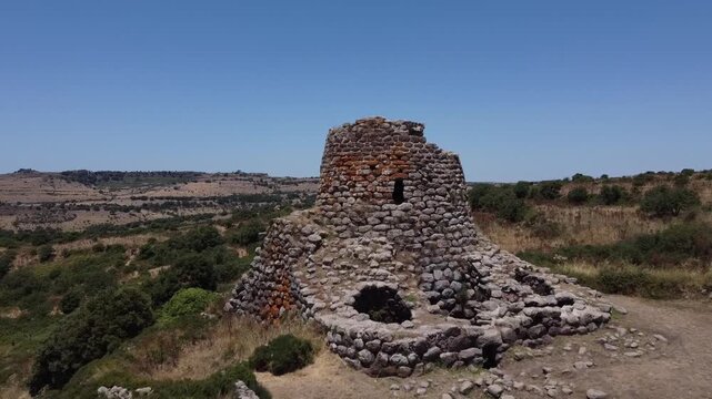 frontal flight over - Nuraghe of St. Barbara in Macomer, Sardinia