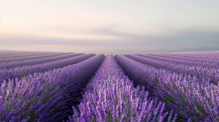 Obraz premium Beautiful sunset over vast lavender fields, showcasing vibrant purple blooms in rows beneath a serene sky.