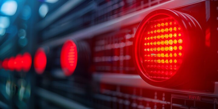 Closeup of a red button in a server room.