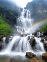 Fototapeta premium A breathtaking waterfall cascading down rocky cliffs, surrounded by lush greenery and a vivid rainbow in the mist.