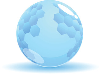Blue transparent sphere is standing on a white background, featuring a hexagon pattern