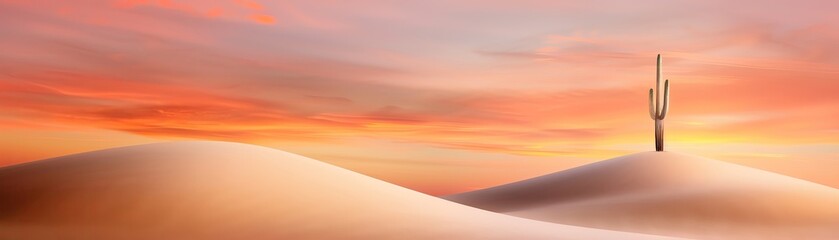 Fototapeta premium Stunning desert landscape at sunset featuring sand dunes and a solitary cactus against a colorful sky.