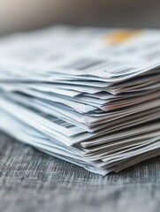 Stack of paper documents on wooden table