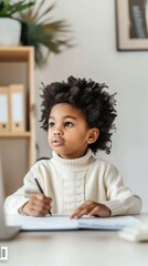 Naklejka premium Young girl with curly hair writes in a notebook, focused on her work.