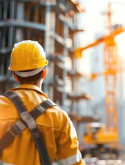 A construction worker in a yellow hard hat observes building progress on a modern site during sunset lighting.