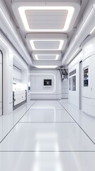 Futuristic white hallway showcasing sleek design and modern technology in a minimalistic space environment.