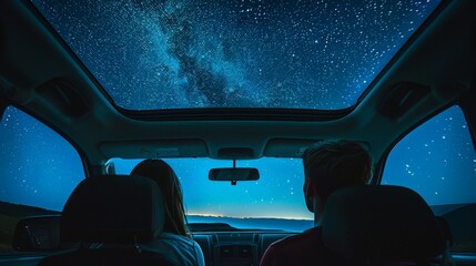 A couple watching the stars through the sunroof of their car on a clear night