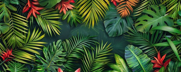 A vibrant collection of tropical leaves, showcasing rich textures and colors that evoke a sense of lush nature.