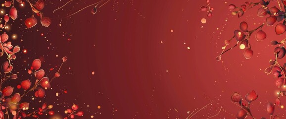 Red background, illustration, gold line drawing style with small flowers on the left and right sides of the picture.