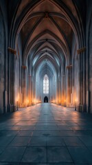 Fototapeta premium A serene cathedral interior featuring high arches, candlelight, and a dramatic perspective leading to a central doorway.