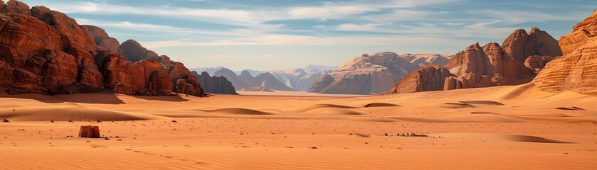 Naklejka premium Stunning desert landscape featuring vast dunes, rocky formations, and a breathtaking sky, perfect for adventure themes and nature exploration.