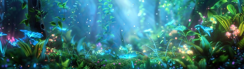 Fototapeta premium A magical forest landscape filled with vibrant flora and enchanting light, ideal for fantasy and nature themes.