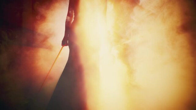sexy lady fantasy woman violinist walk with violin. Girl musician artist on stage Black evening dress. Mystery shadow silhouette dark room full smoke magic light red orange fire burning hell art 4k