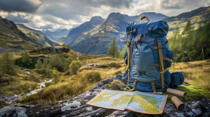 The backpack is filled with supplies and ready to take on the trails, while the map provides valuable navigation information