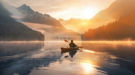 A man travelling in a kayak in a lake at sunrise in mountains is a peaceful and serene scene that captures the beauty and tranquility of nature.