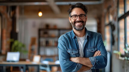 Fototapeta premium A smiling man in casual attire stands confidently with crossed arms in a modern workspace, exuding professionalism and approachability.
