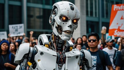 Fototapeta premium Demonstration Featuring a Human-Like Robot Among Protesters in an Urban Setting