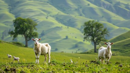 Naklejka premium Three goats on a meadow in the mountains. Beautiful rural landscape.