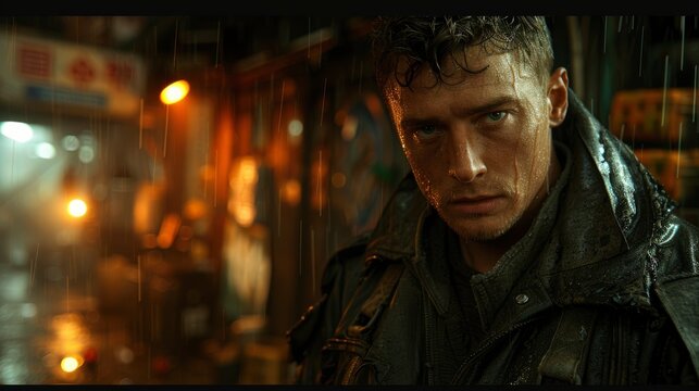Man in rain with intense gaze in a dimly lit street