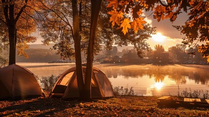 Sunrise at a camping site during autumn