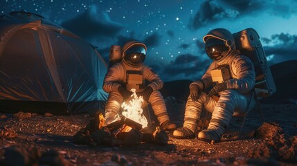 Two astronauts have a sincere conversation in the evening around a campfire near a tent on an alien planet. Expedition to unknown space. Lifestyle and journey concept