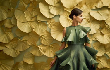 Beautiful girl in a fashionable dress next to a wall with decorative ginkgo biloba leaves