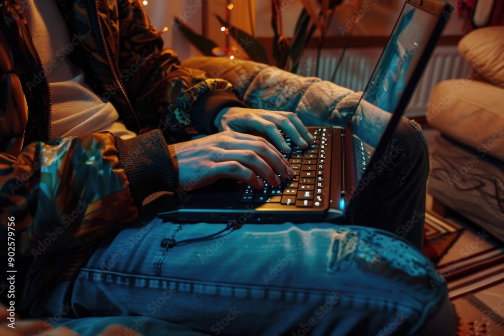 Poster a person sits on a couch using a laptop computer, perfect for office work or remote learning