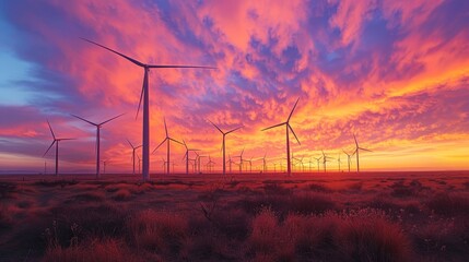 Fototapeta premium A field of wind turbines set against a colorful sunset sky
