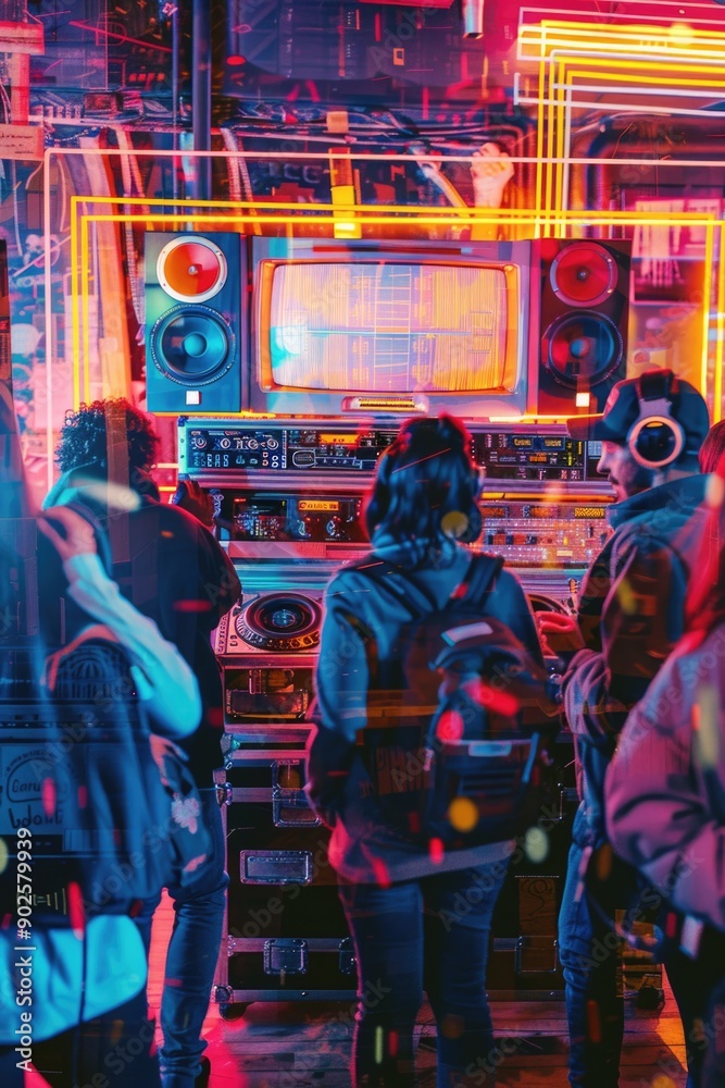 Poster a group of individuals waiting outside a recording booth, possibly for an audition or interview